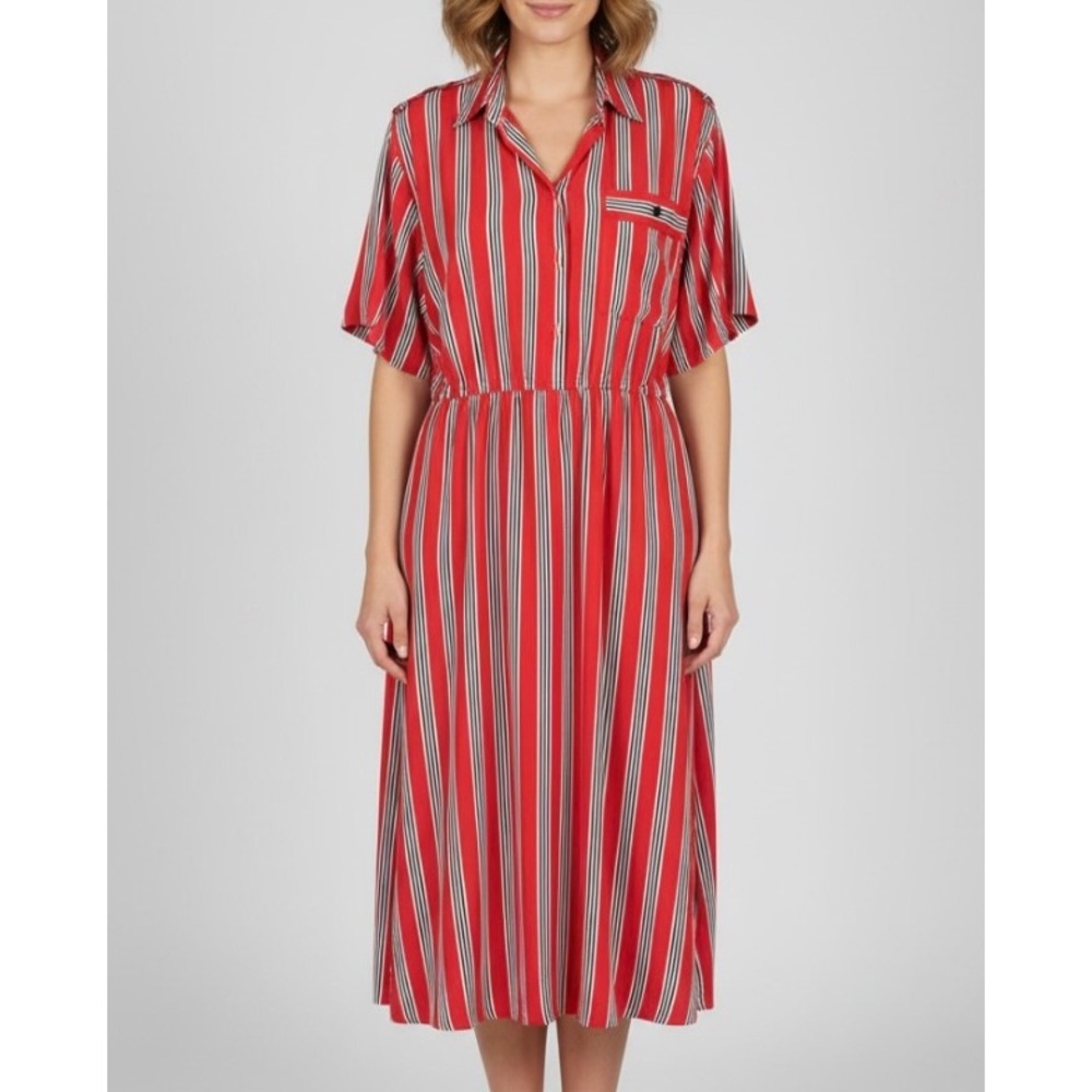 VTG LIZ CLAIBORNE Shirt Dress RED/BLACK/WHITE STRIPES Shift Slouch SILKY Midi 8